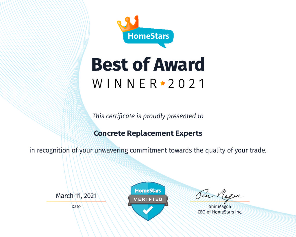 This certificate is proudly presented to Concrete Replacement Experts in recognition of your unwavering commitment towards the quality of your trade; Quality Driveway Replacement
